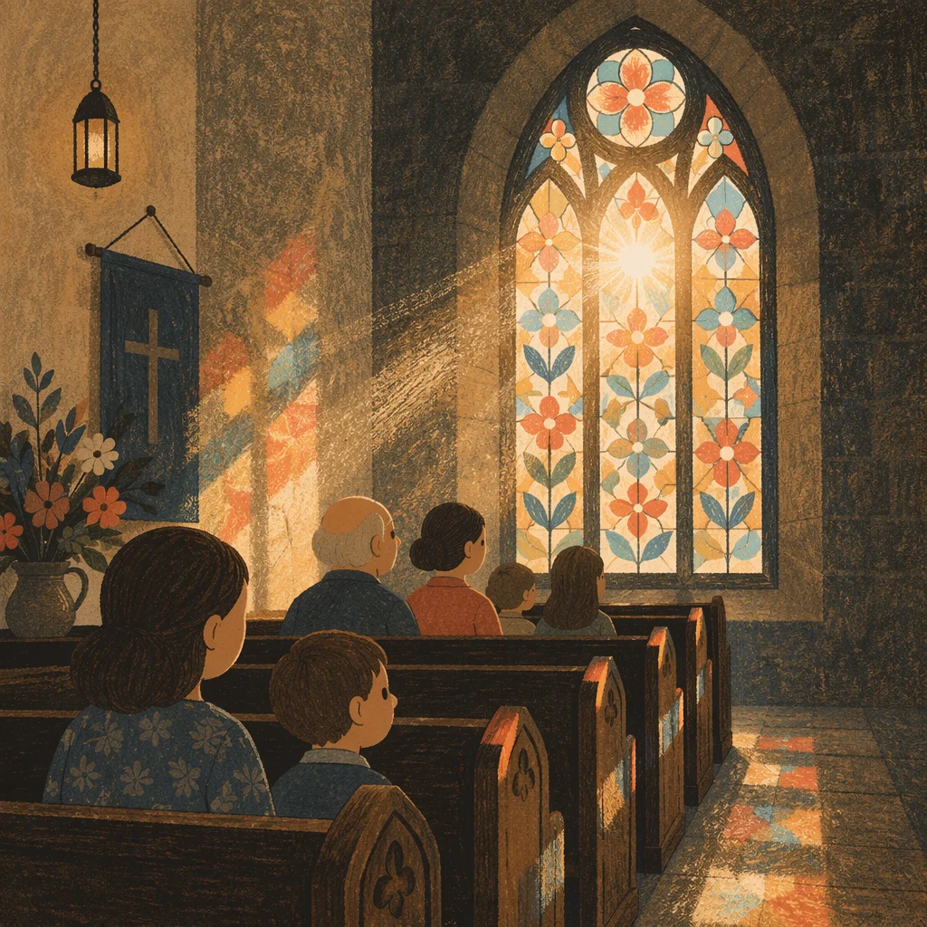 Sunlit Church Pews and Stained Glass
