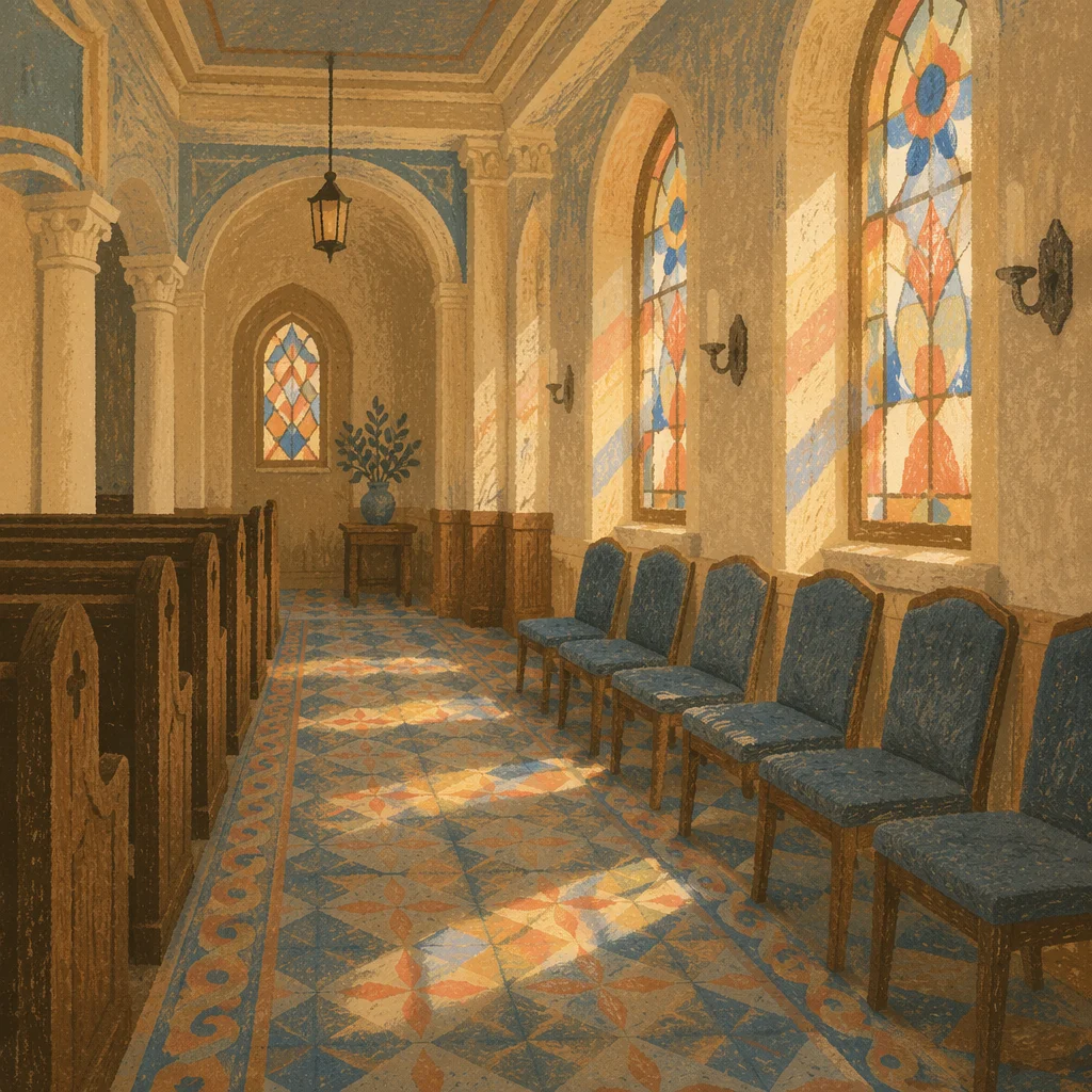 Sunlit Chapel Aisle with Stained Glass