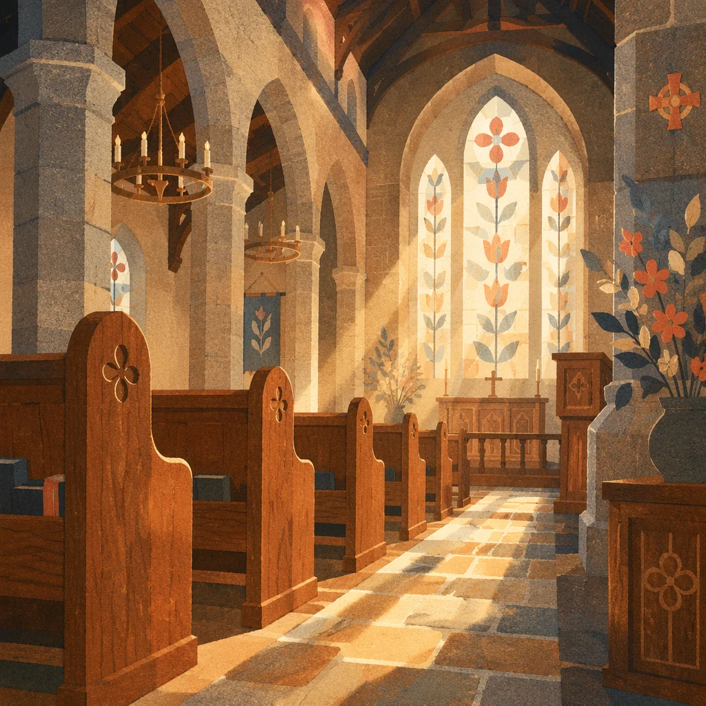 Sunlit Church Pews and Stained Glass