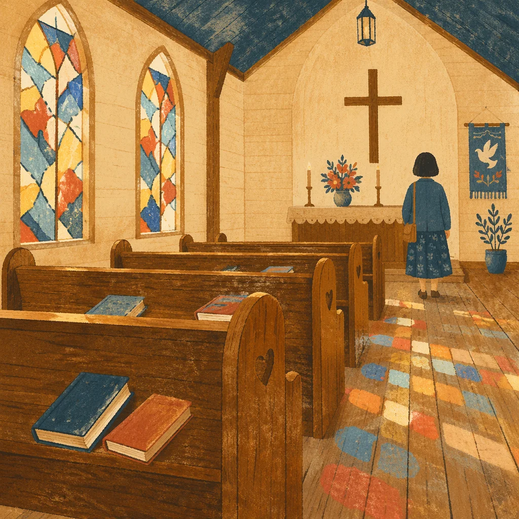 Sunlit Chapel Pews with Stained Glass