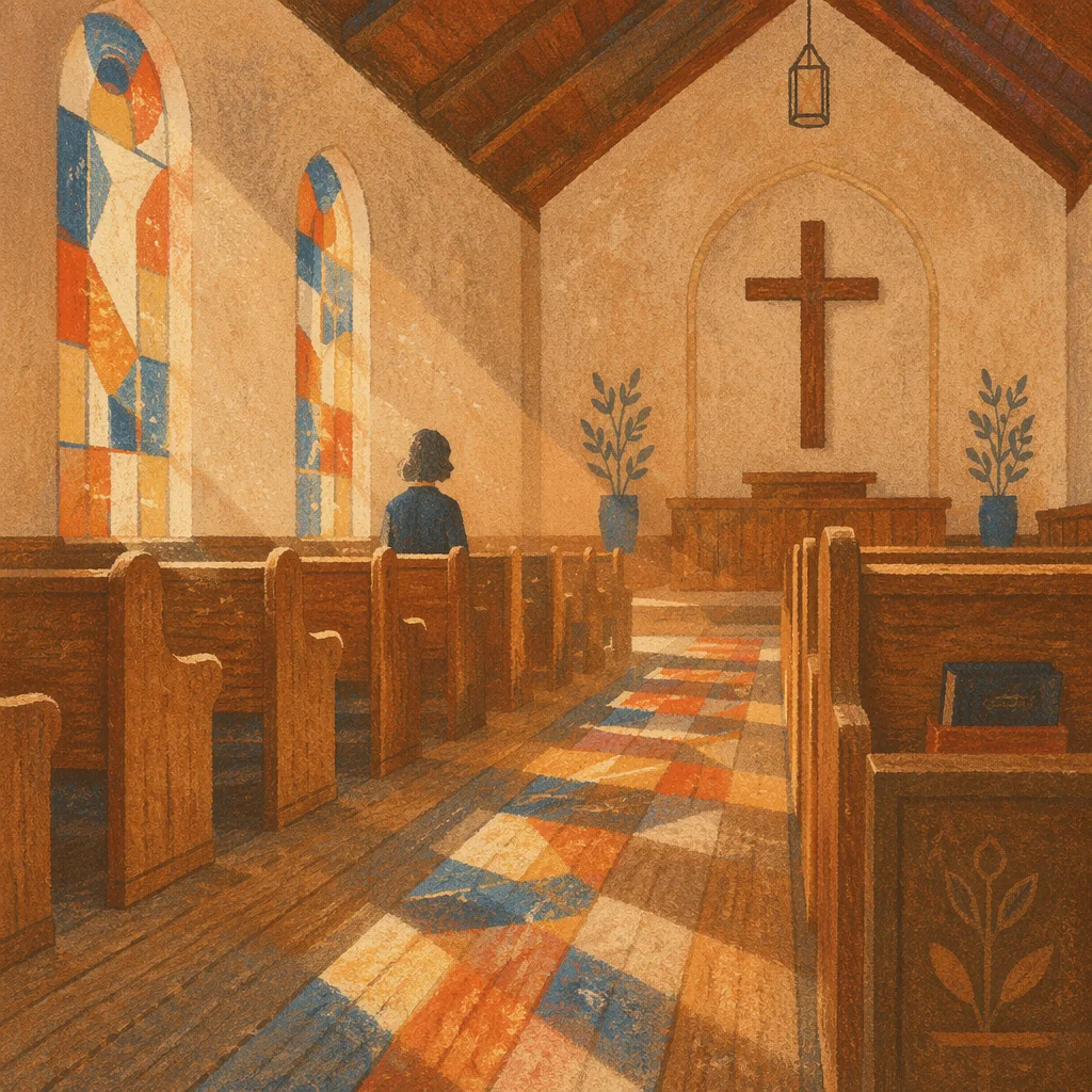 Sunlit Chapel Pews with Stained Glass