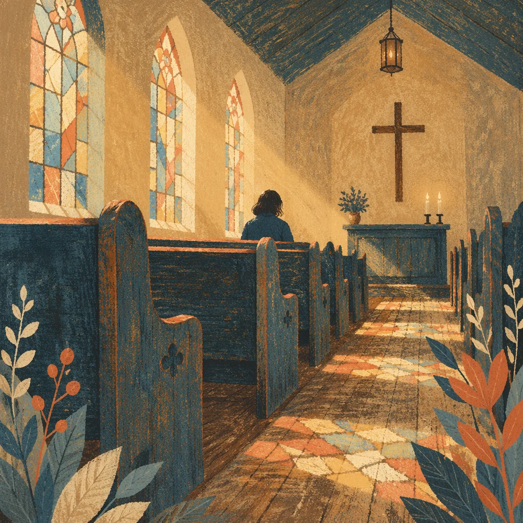 Sunlit Chapel Pews with Stained Glass