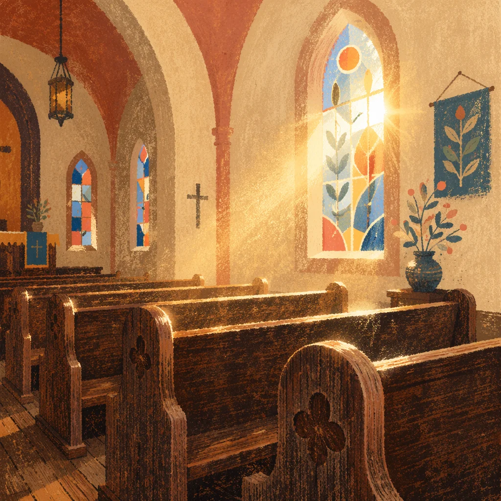 Sunlit Church Pews with Stained Glass Glow