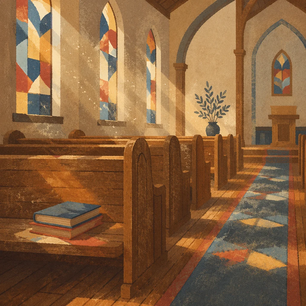 Sunlit Church Pews with Stained Glass