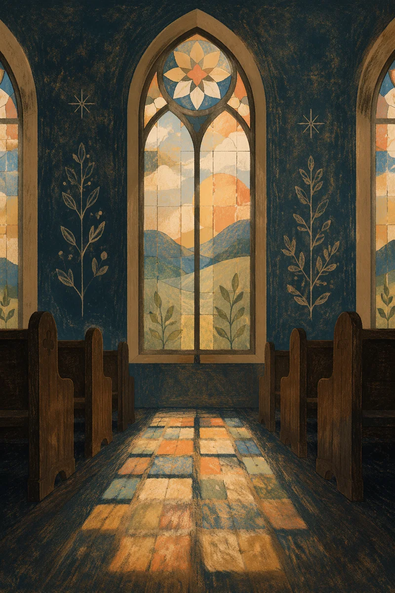 Sunlit Chapel Pews and Stained Glass