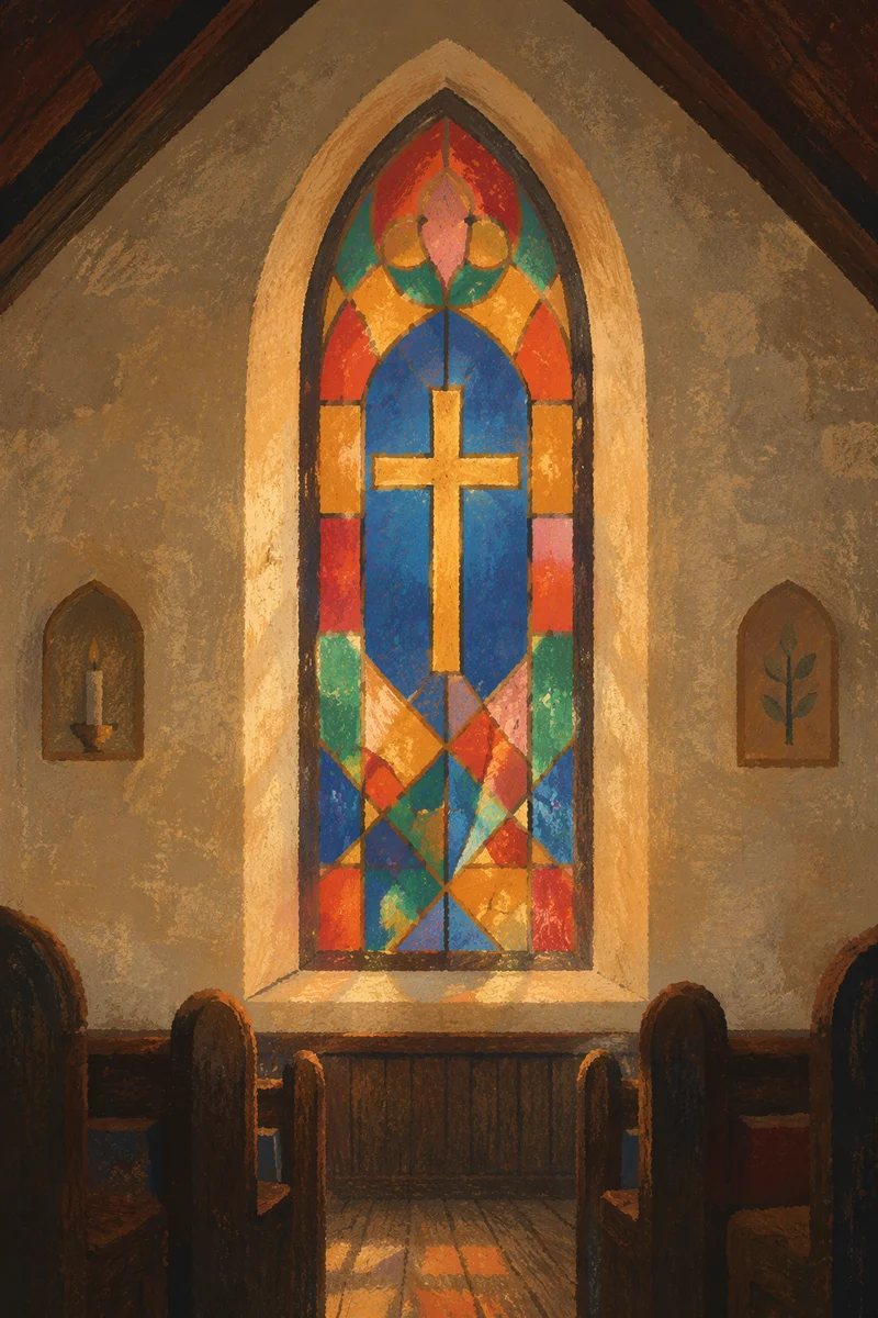 Sunlit Stained Glass Chapel Pews