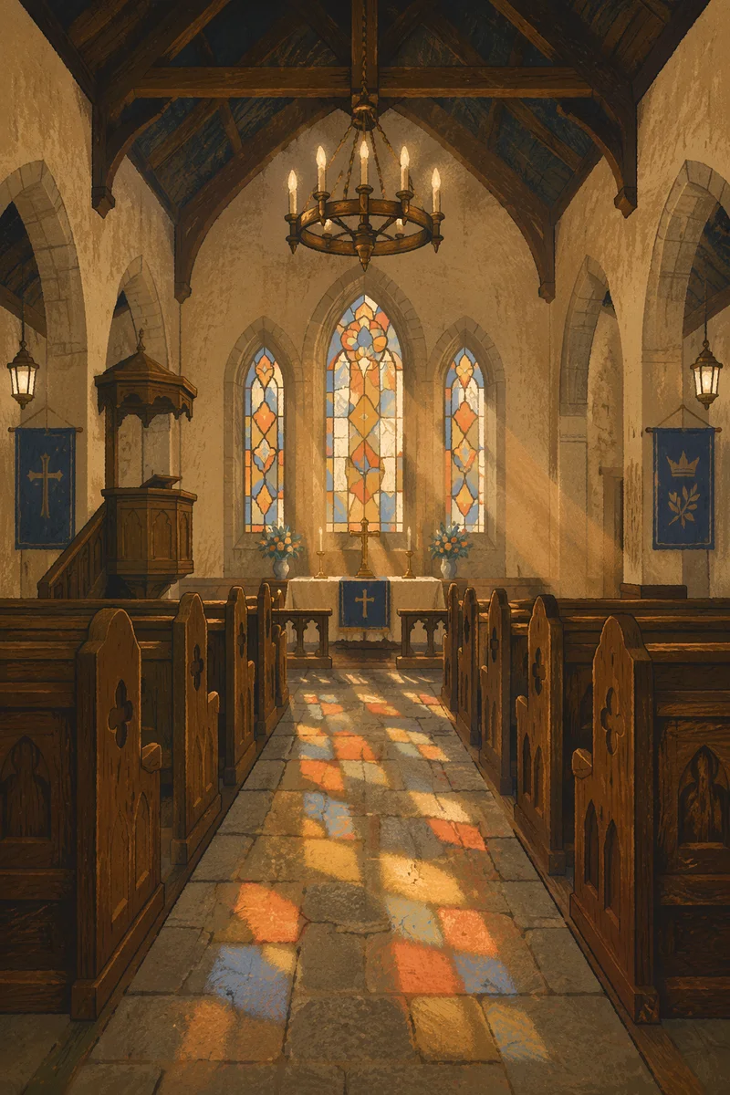 Sunlit Church Pews Beneath Stained Glass