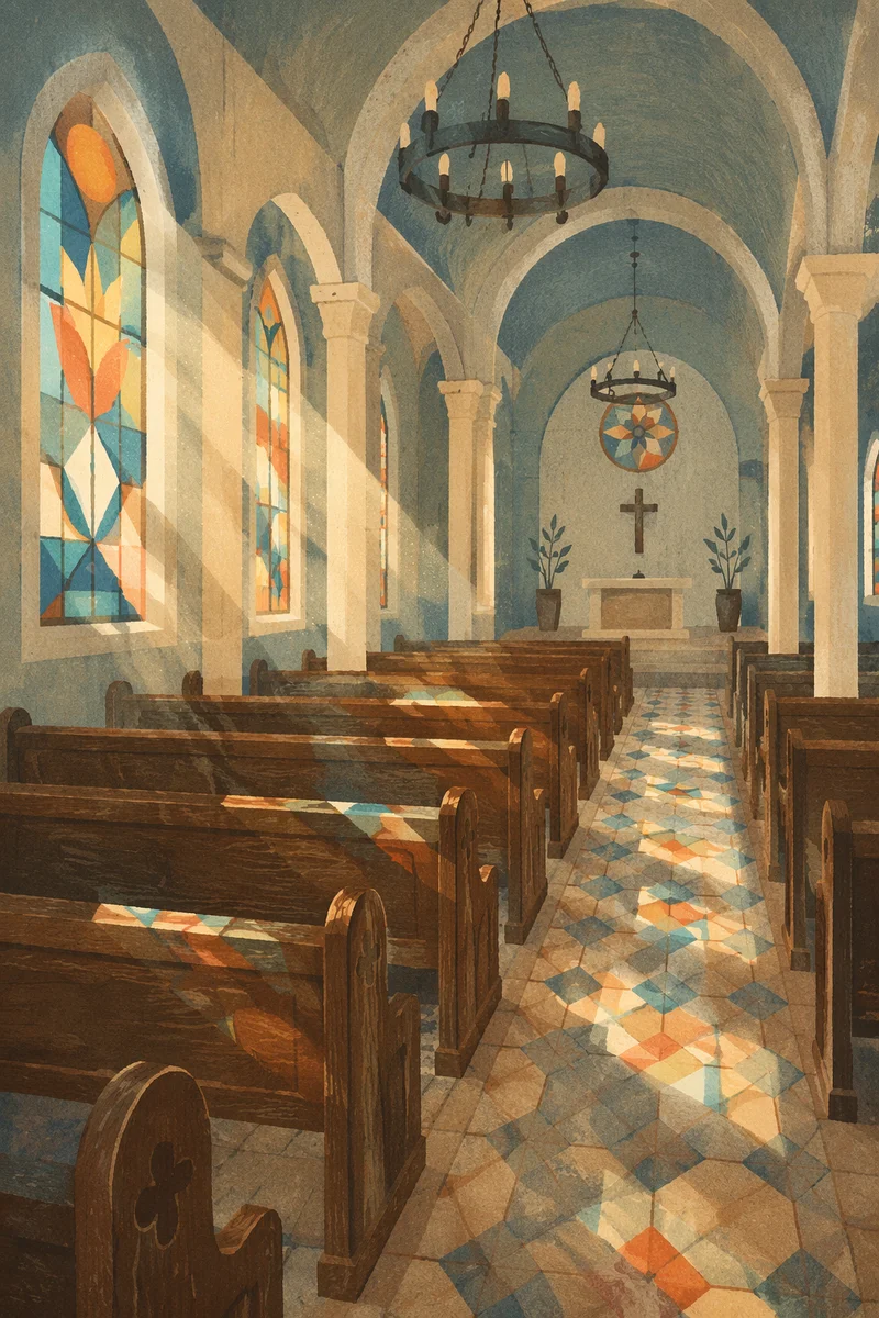 Sunlit Chapel Pews With Stained Glass