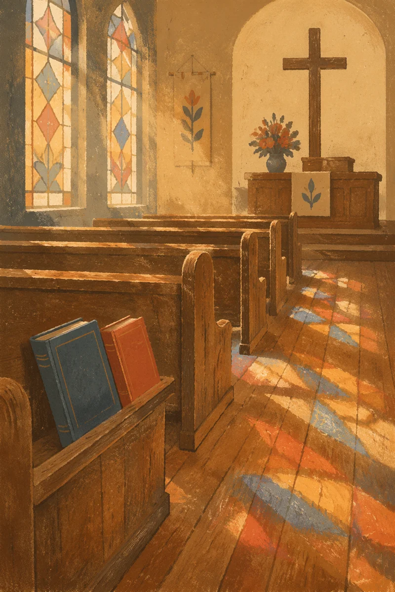 Sunlit Chapel Pews with Stained Glass Glow