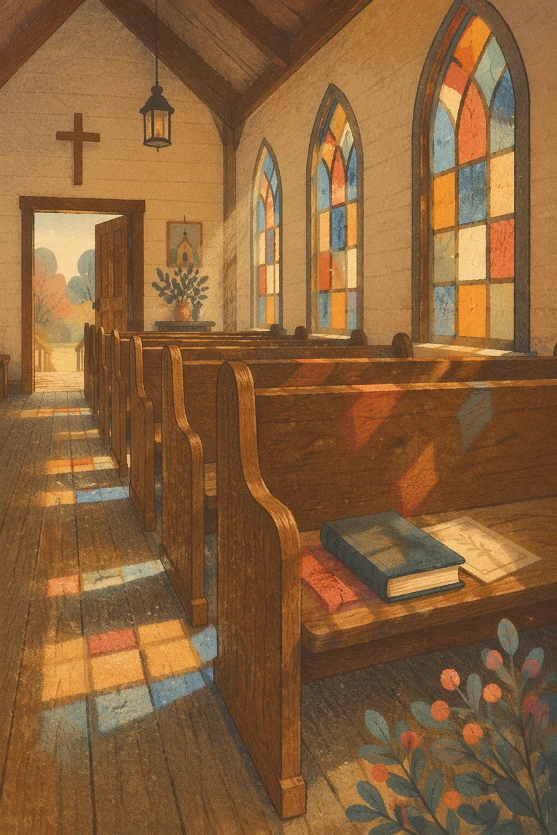 Sunlit Church Pews with Stained Glass