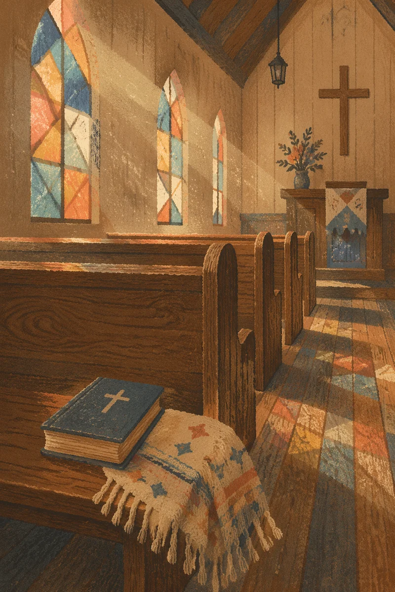 Sunlit Chapel Pews With Stained Glass