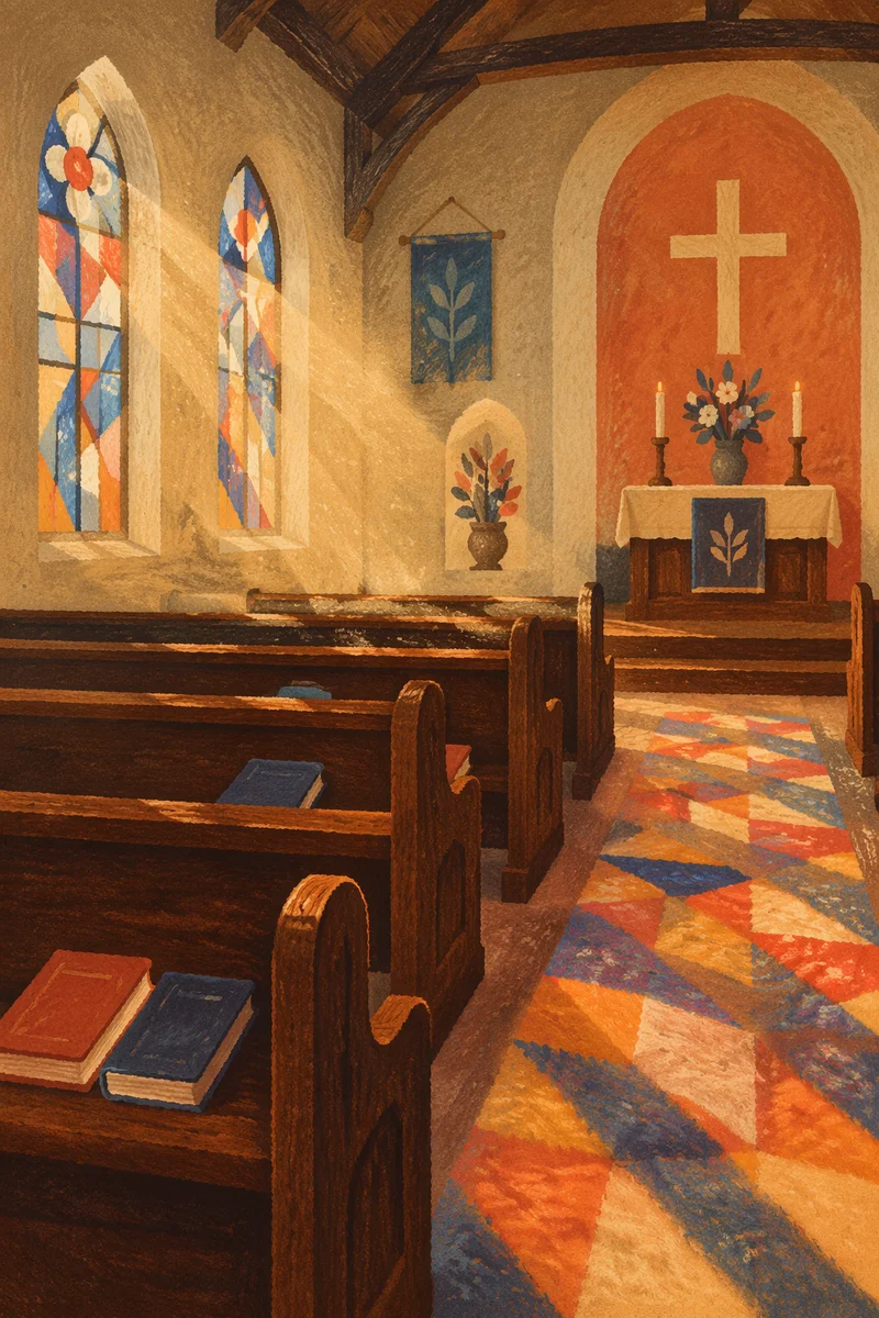 Sunlit Church Pews With Stained Glass