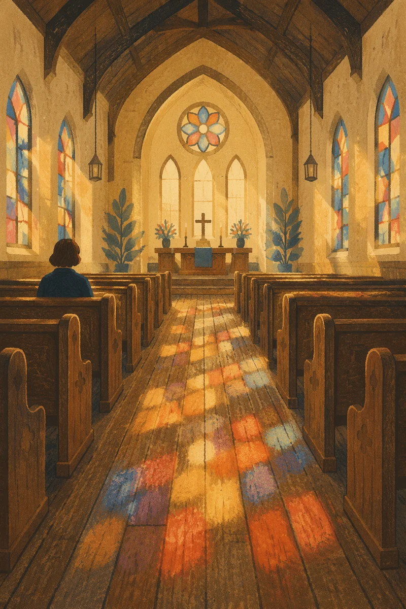 Sunlit Church Pews with Stained Glass