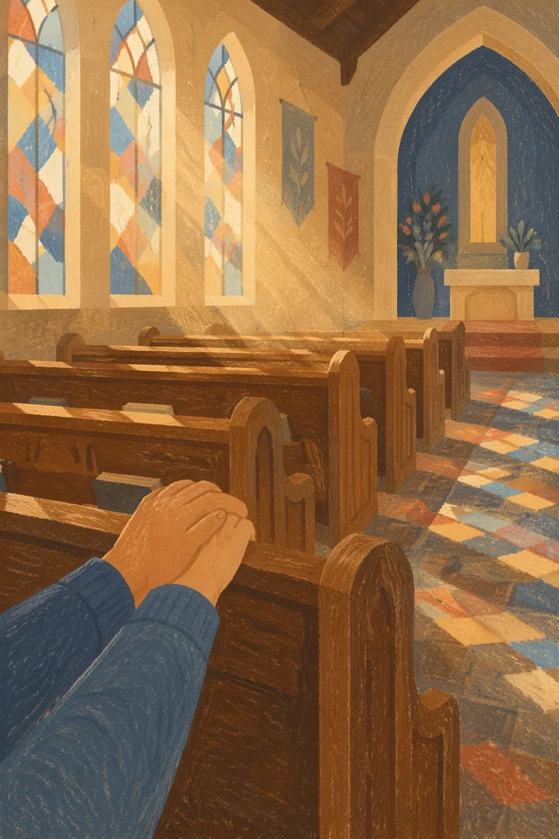 Sunlit Church Pews Beneath Stained Glass