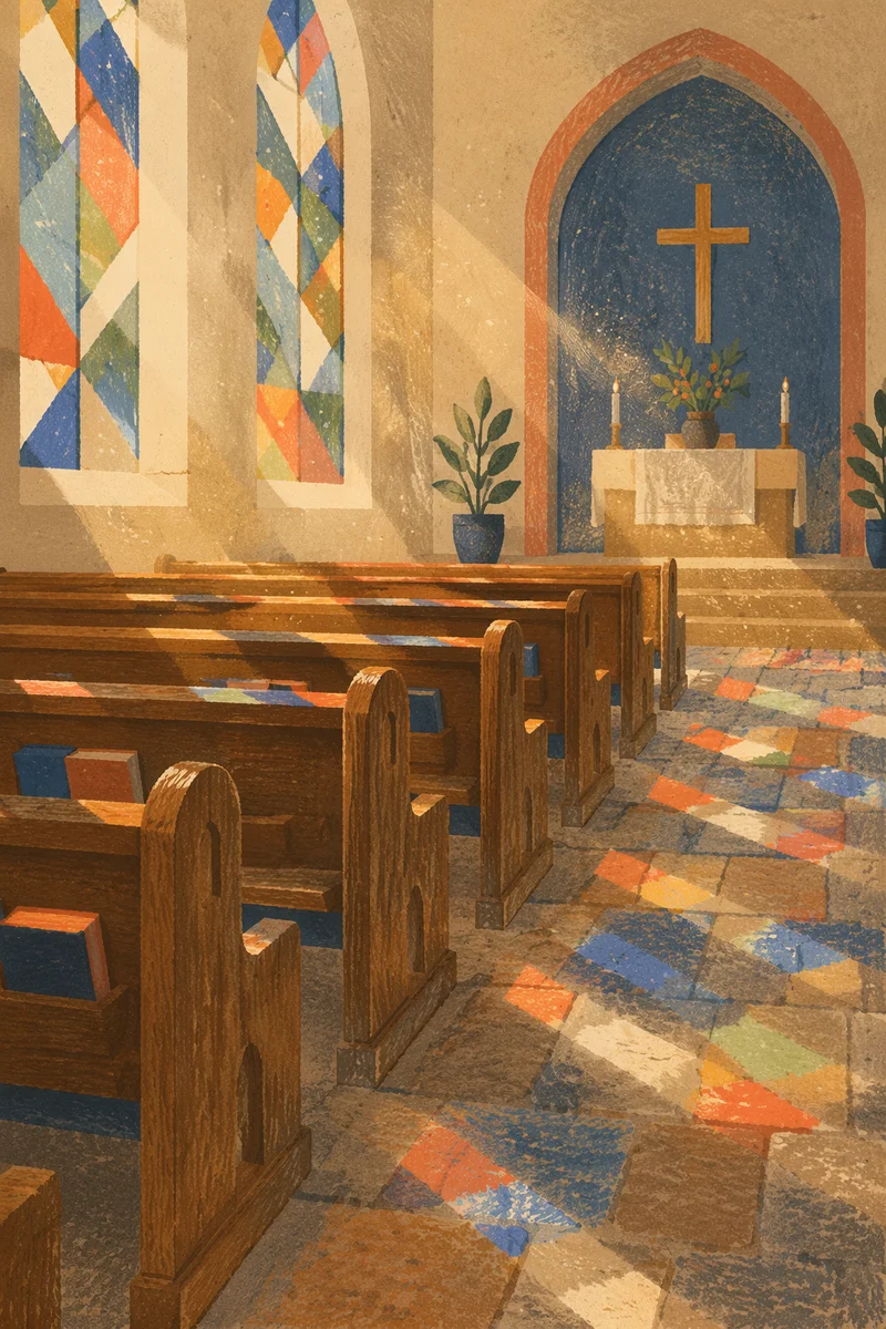 Sunlit Church Pews with Stained Glass