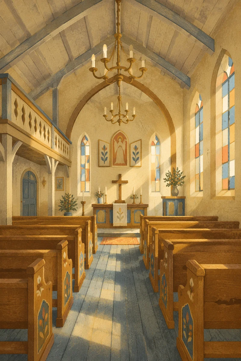 Sunlit Chapel Pews with Stained Glass