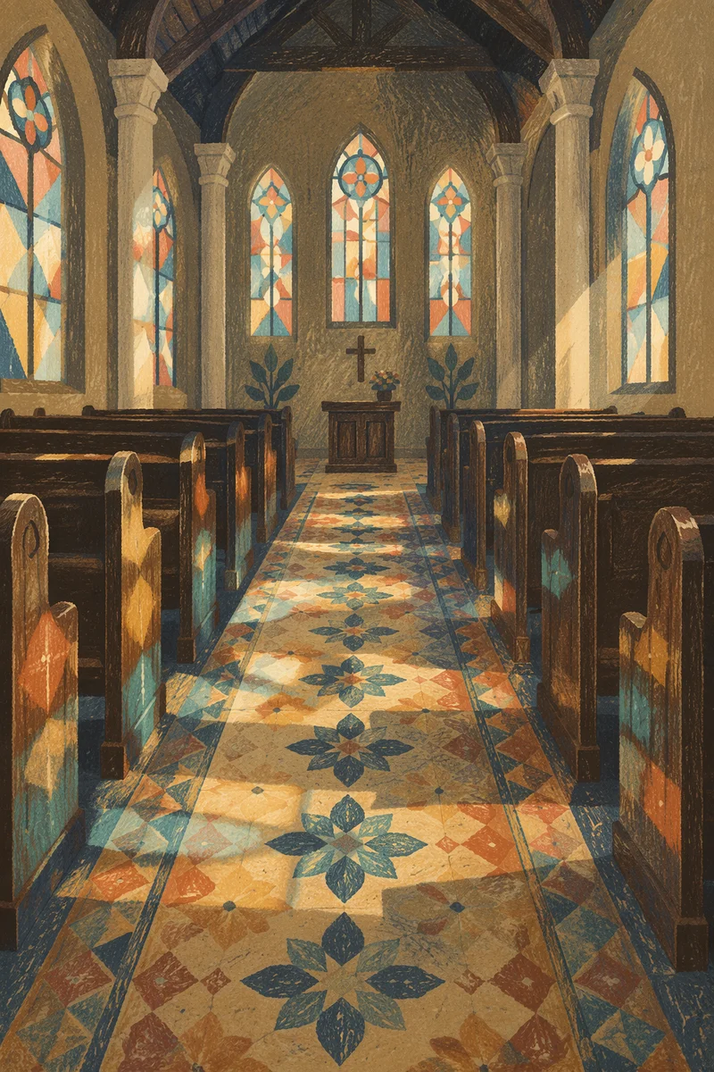 Sunlit Church Pews and Stained Glass
