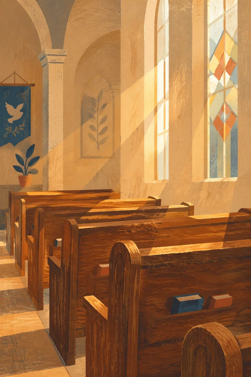 Sunlit Church Pews and Stained Glass