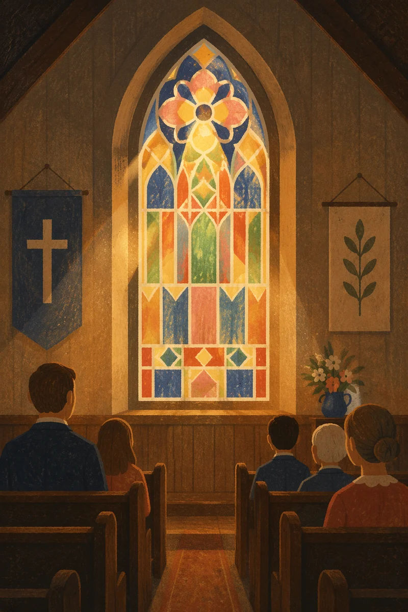 Sunlit Church Pews and Stained Glass