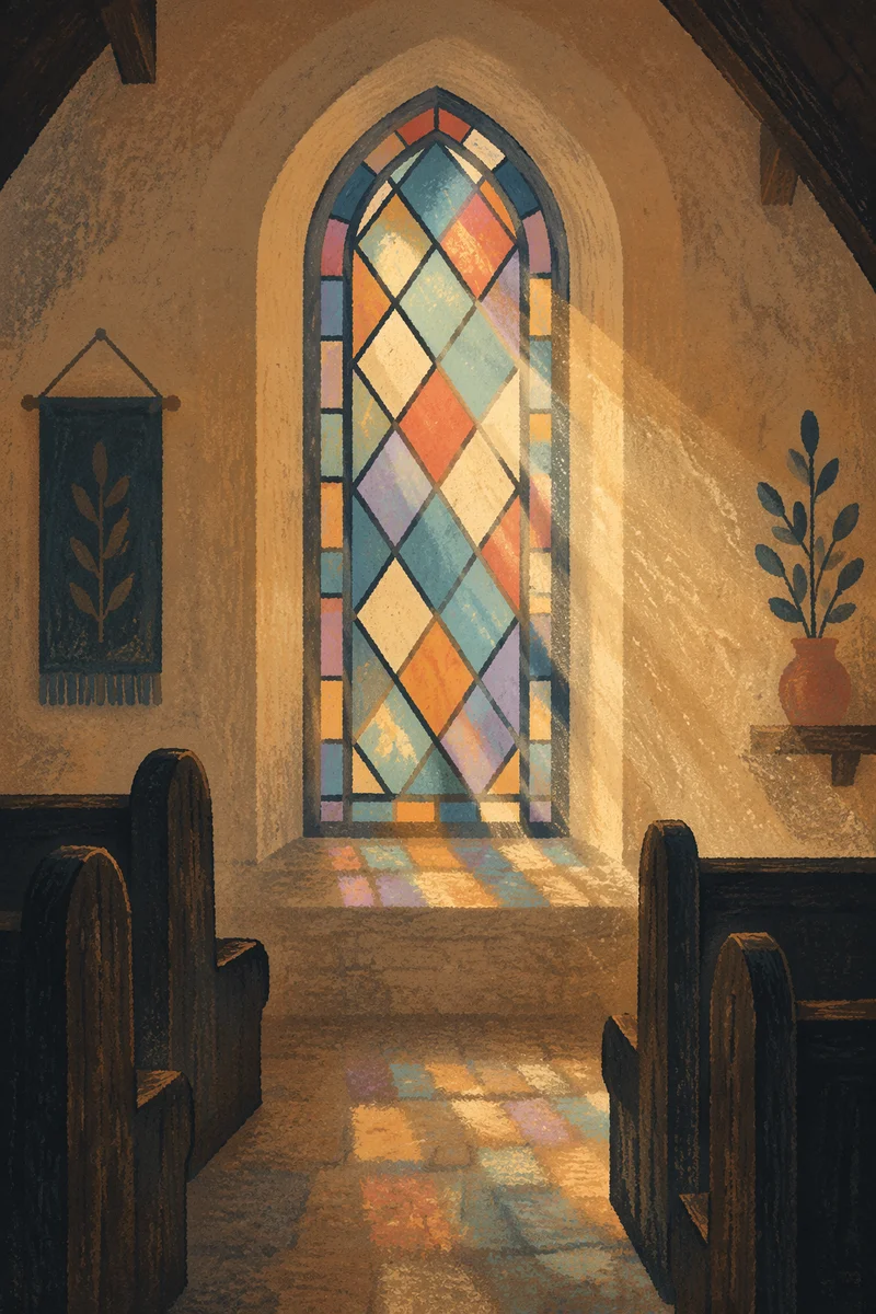 Sunlit Church Pews and Stained Glass