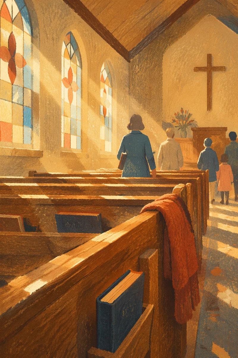Sunlit Chapel Pews After Morning Service