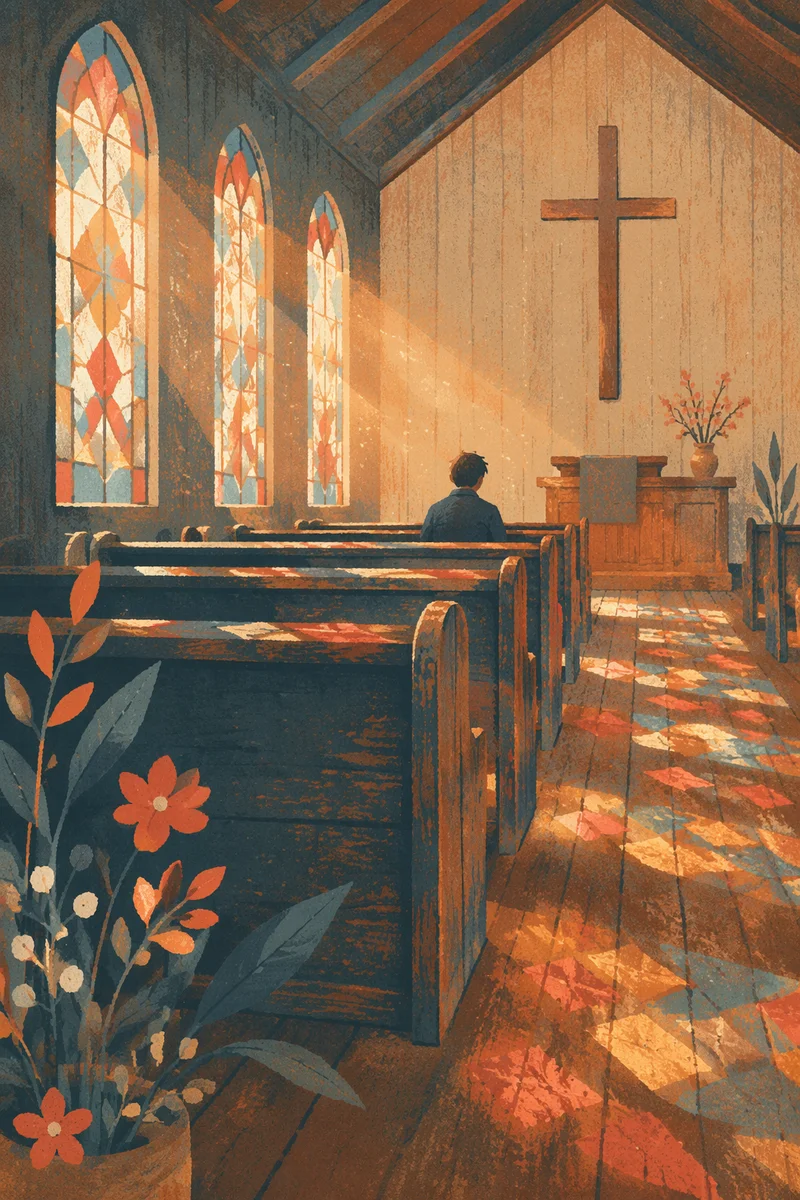 Sunlit Church Pews with Stained Glass