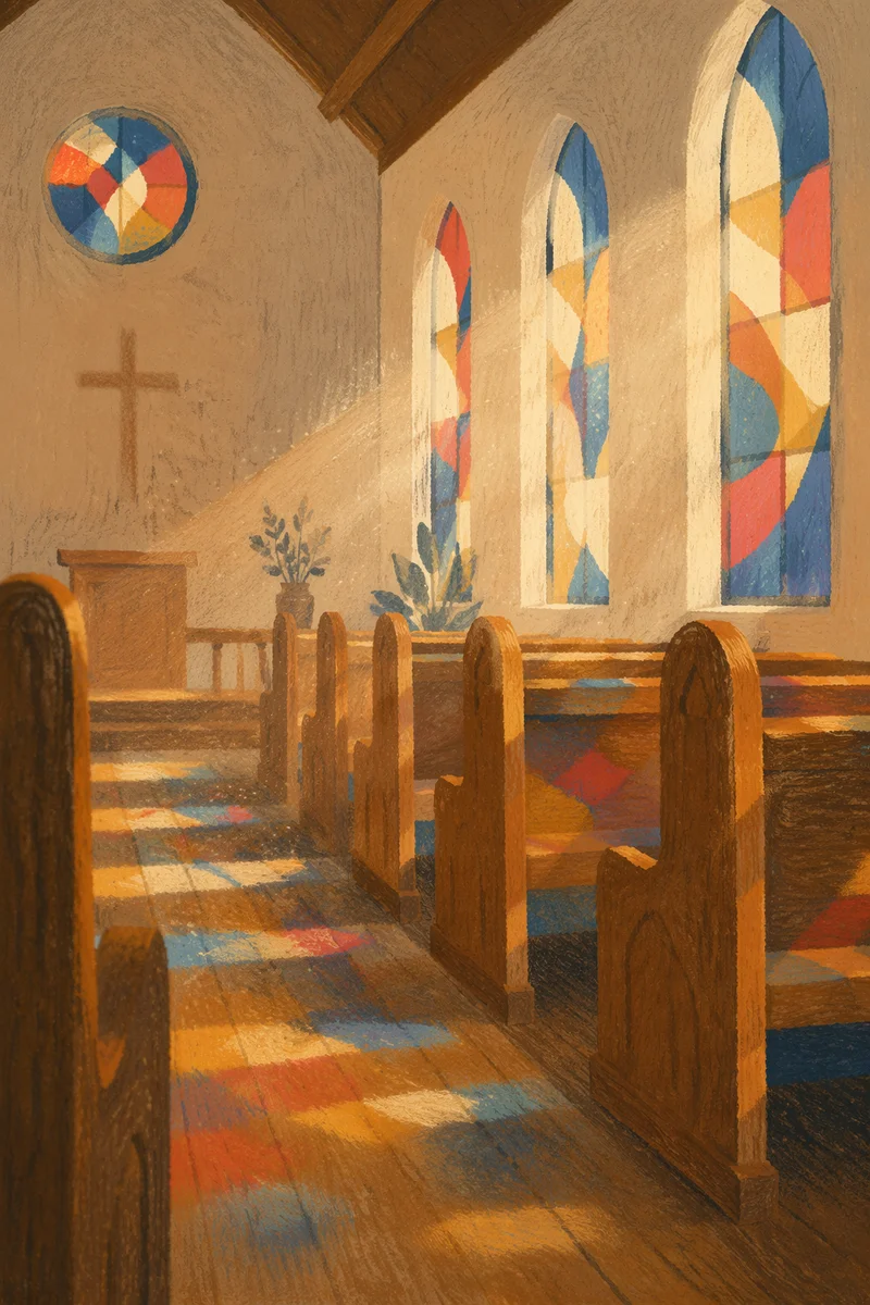 Sunlit Church Pews with Stained Glass