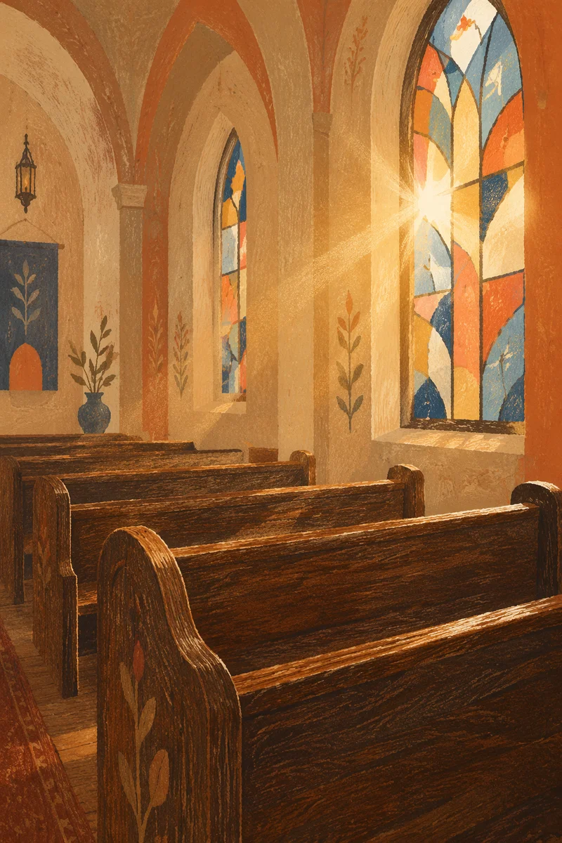 Sunlit Church Pews with Stained Glass