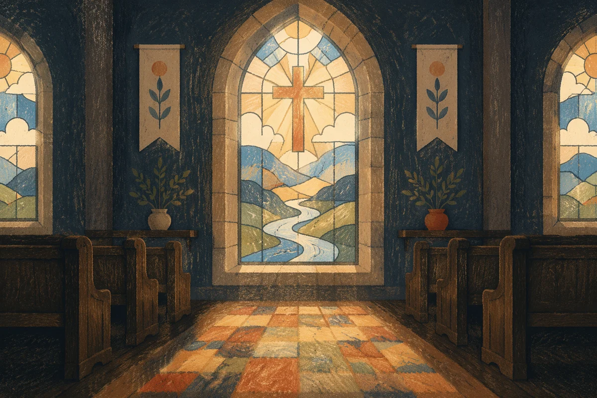 Sunlit Chapel Pews with Stained Glass