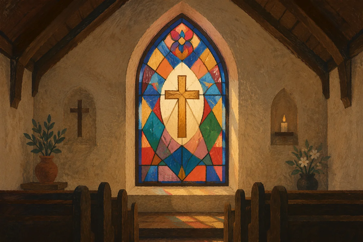 Sunlit Stained Glass Above Chapel Pews