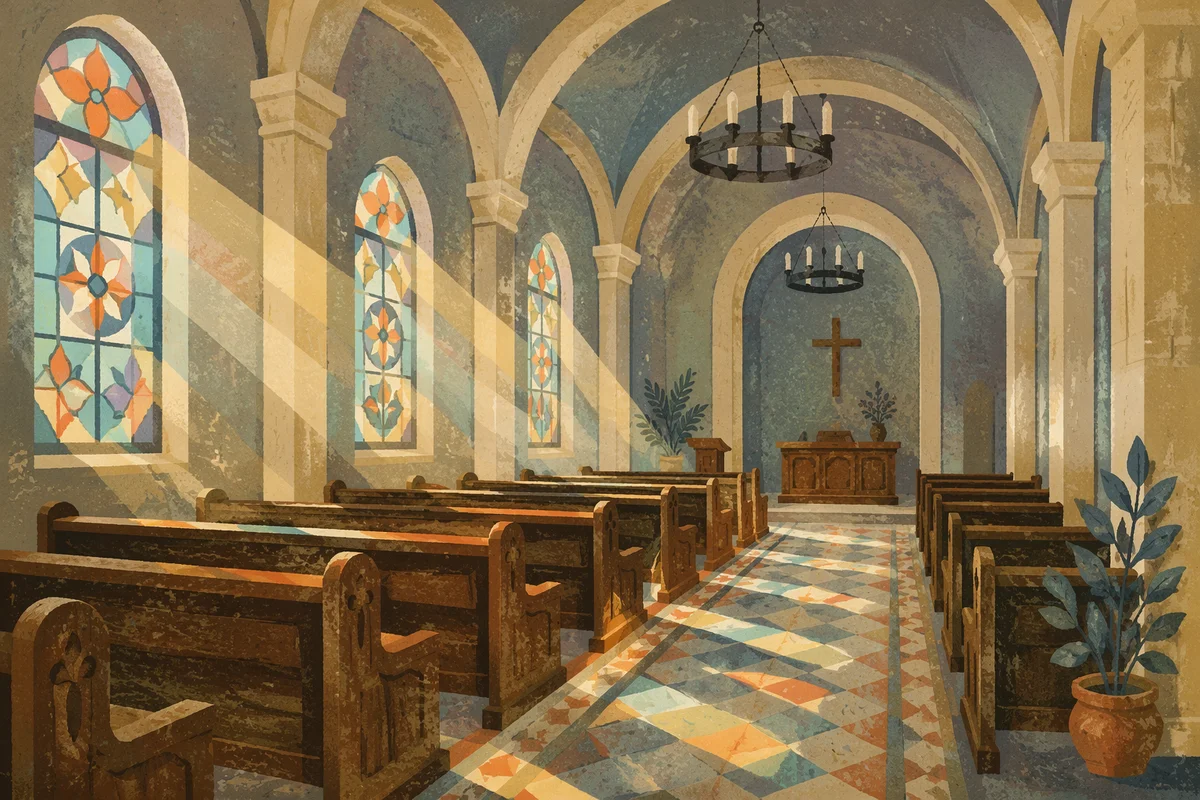 Sunlit Chapel Pews With Stained Glass