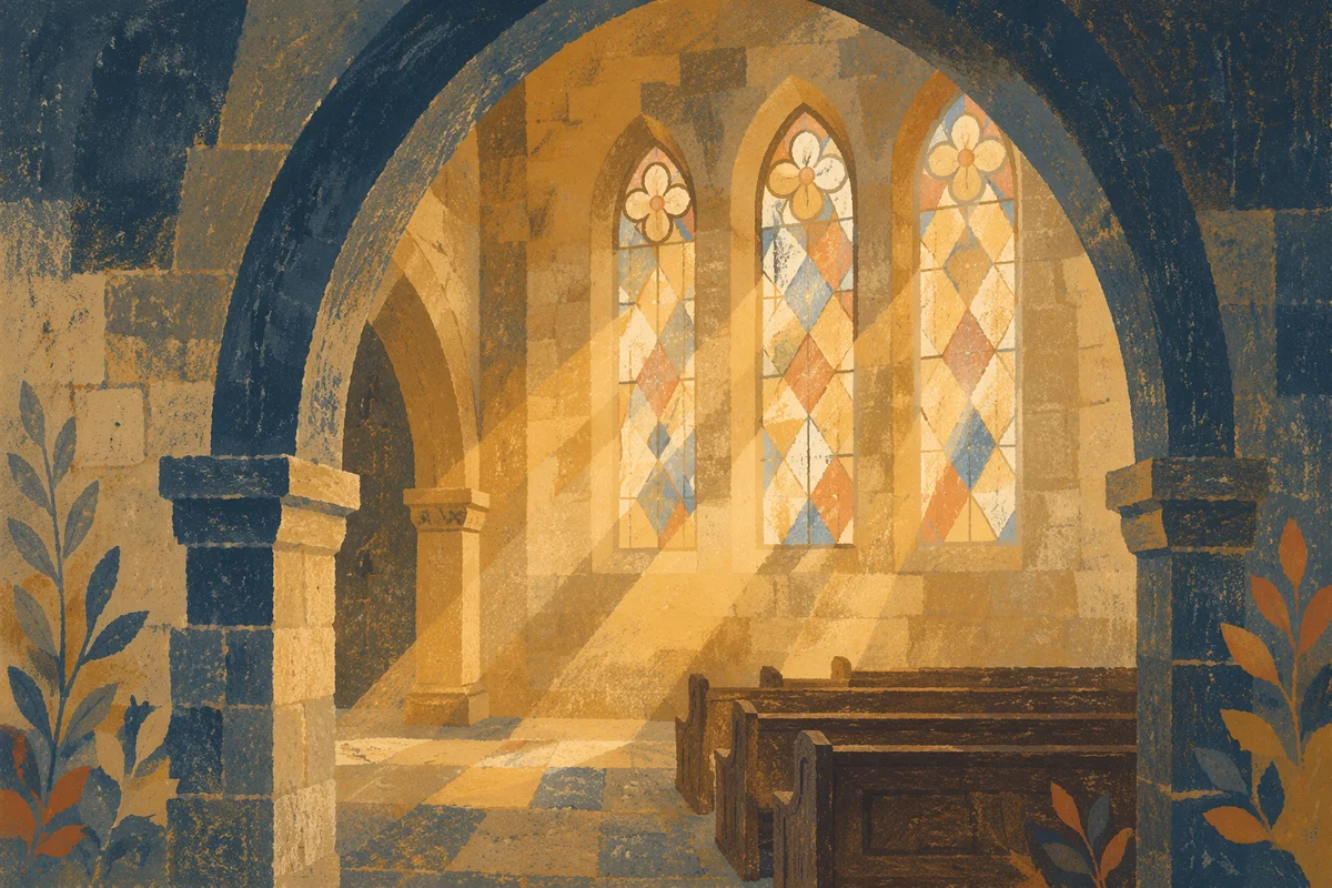 Sunlit Church Pews Beneath Stained Glass