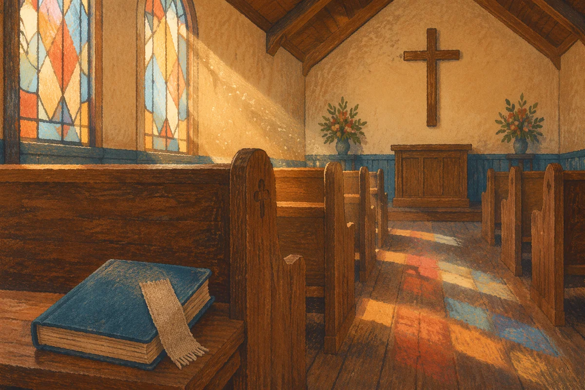 Sunlit Chapel Pews With Stained Glass