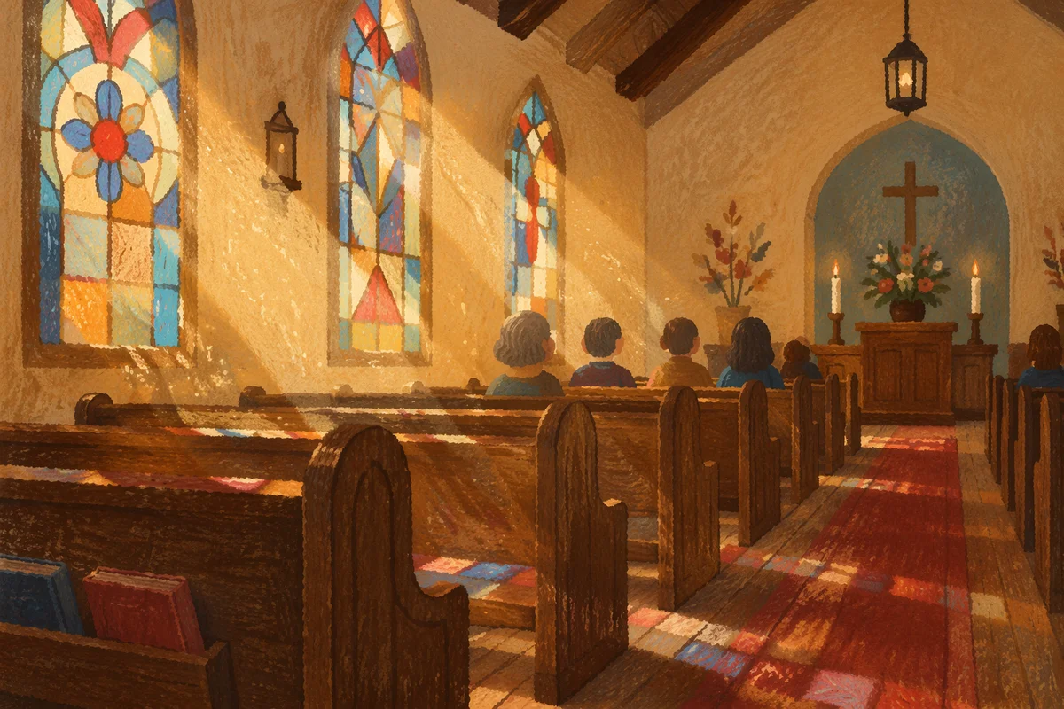 Sunlit Chapel Pews with Stained Glass
