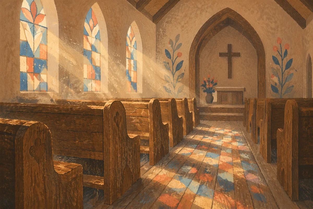 Sunlit Church Pews with Stained Glass