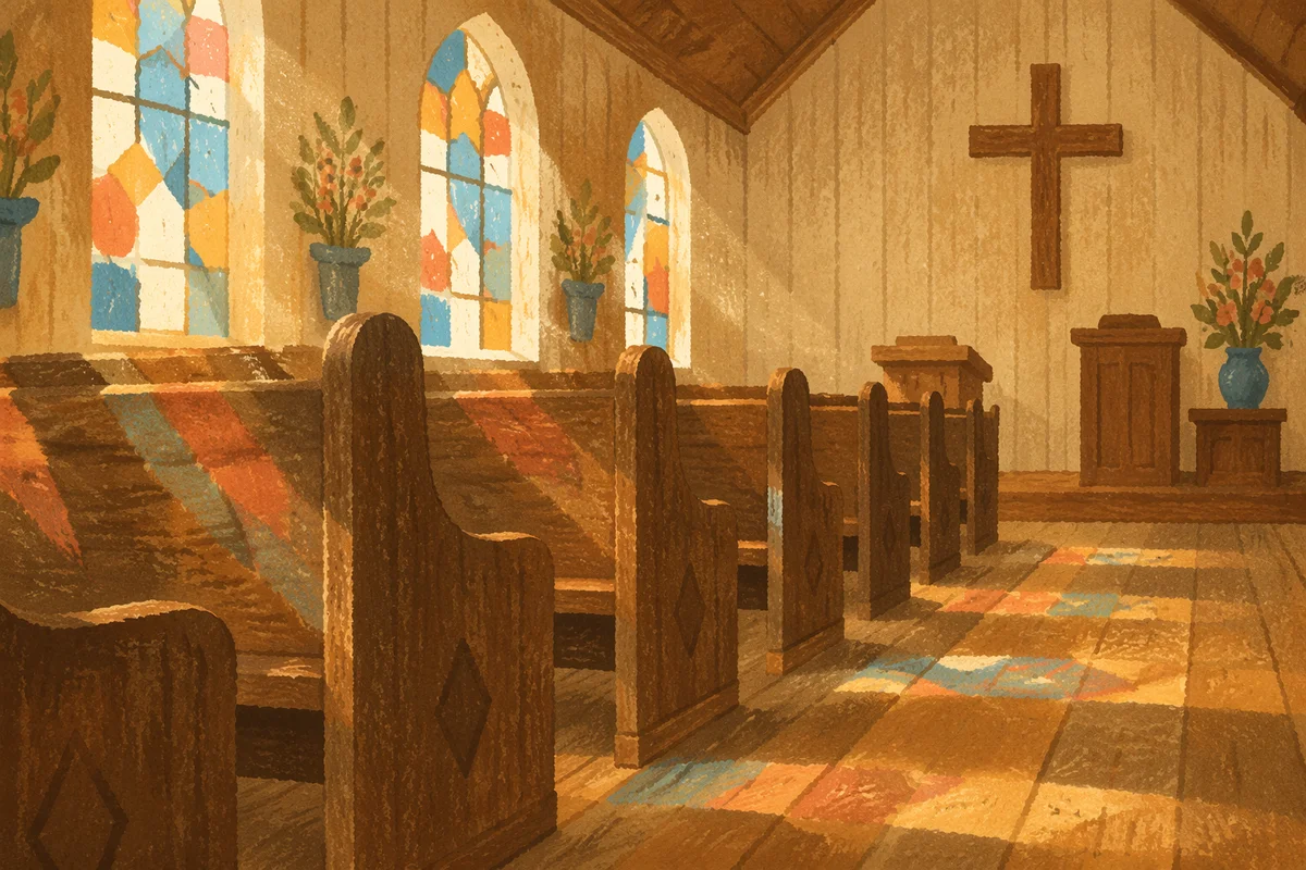 Sunlit Chapel Pews with Stained Glass