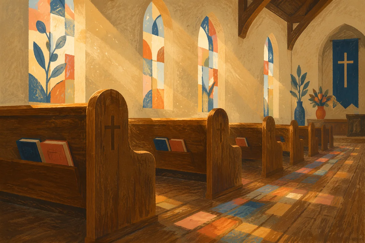 Sunlit Church Pews with Stained Glass
