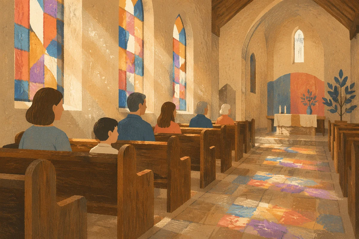 Sunlit Church Pews and Stained Glass