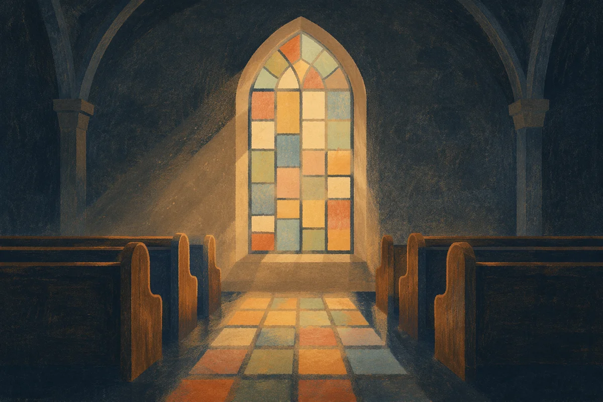 Sunlit Church Pews and Stained Glass
