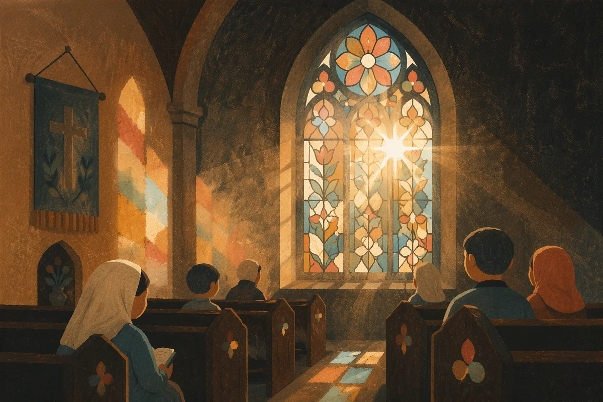 Sunlit Church Pews and Stained Glass