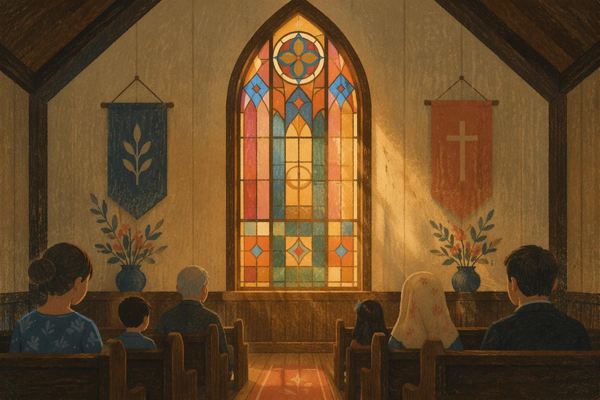 Sunlit Stained Glass Above Church Pews
