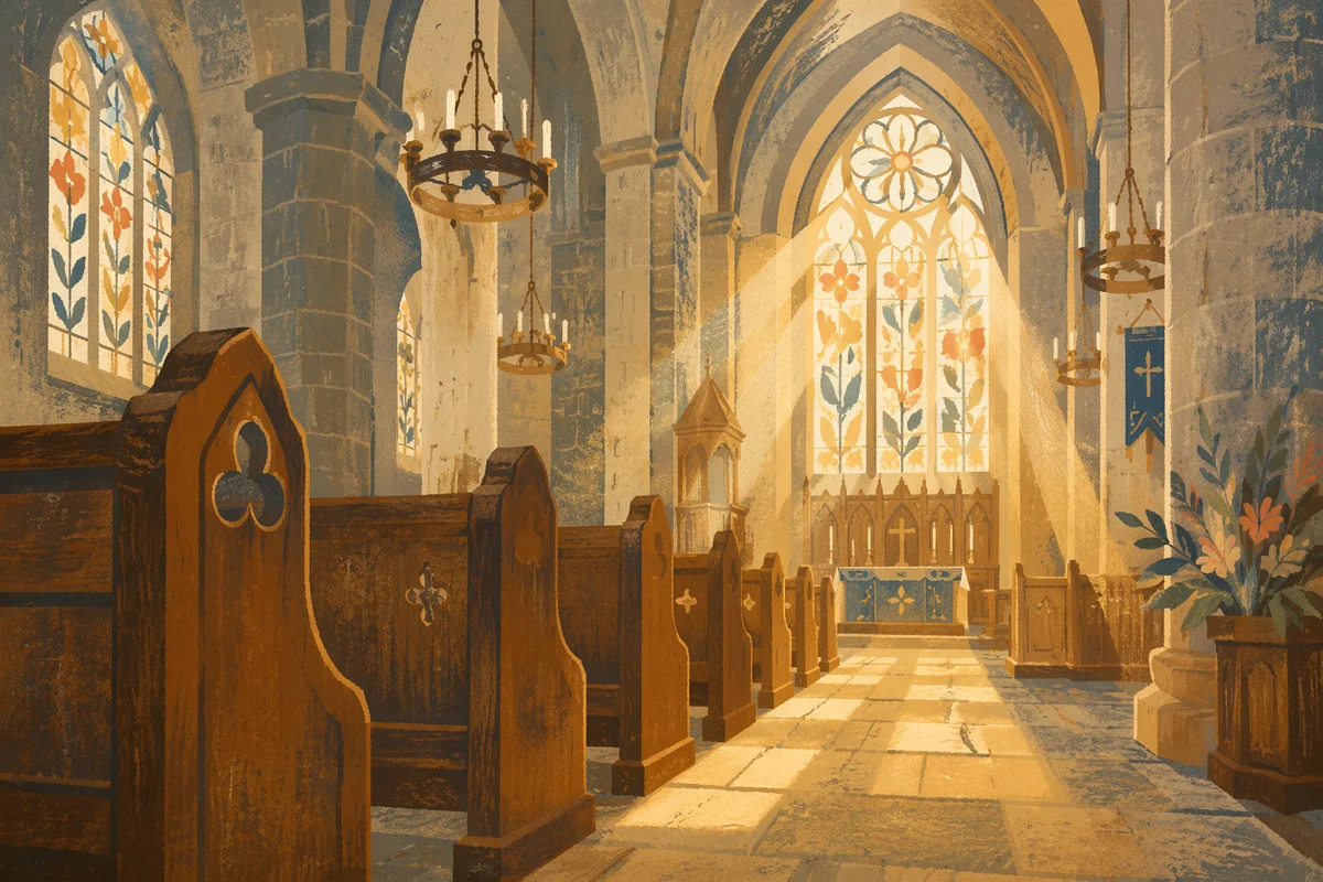 Sunlit Church Pews and Stained Glass