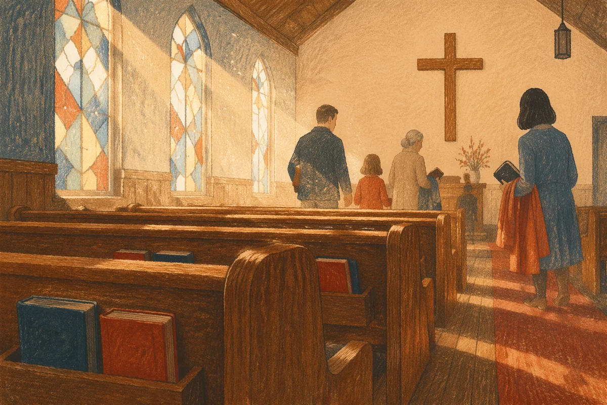 Sunlit Church Pews After Morning Service