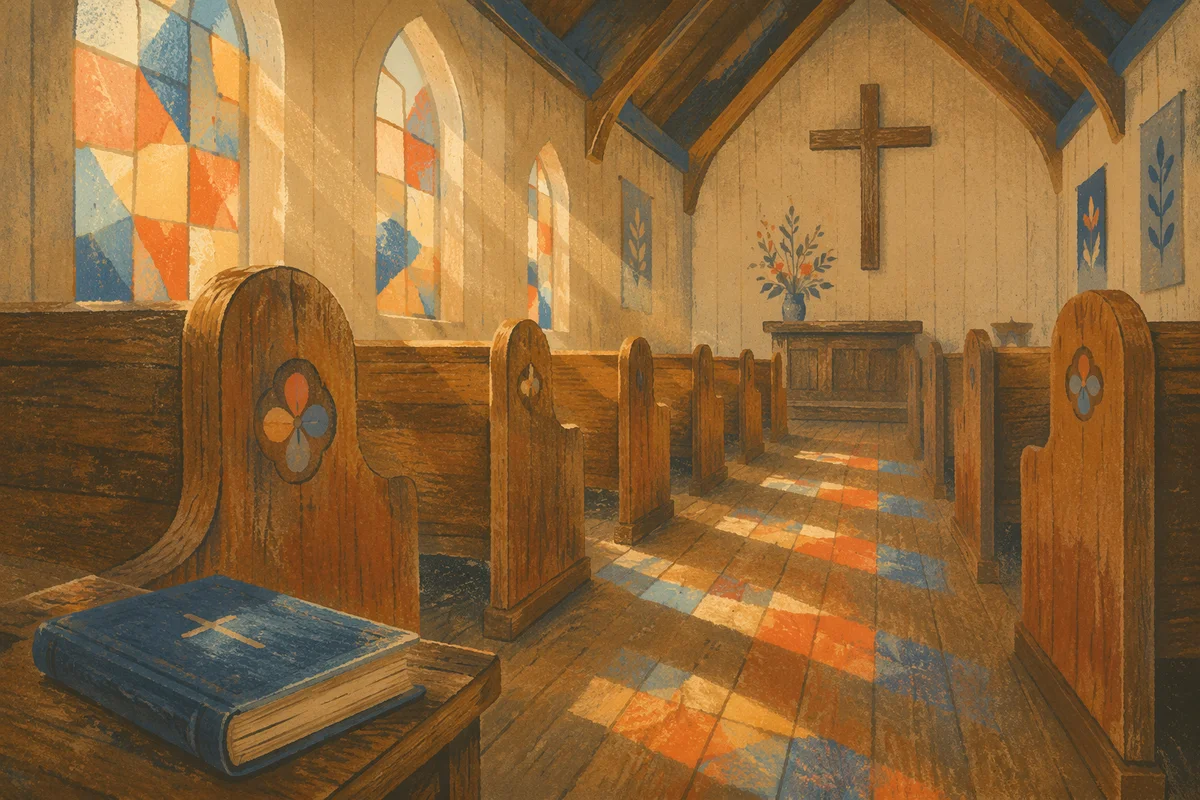 Sunlit Chapel Pews with Stained Glass
