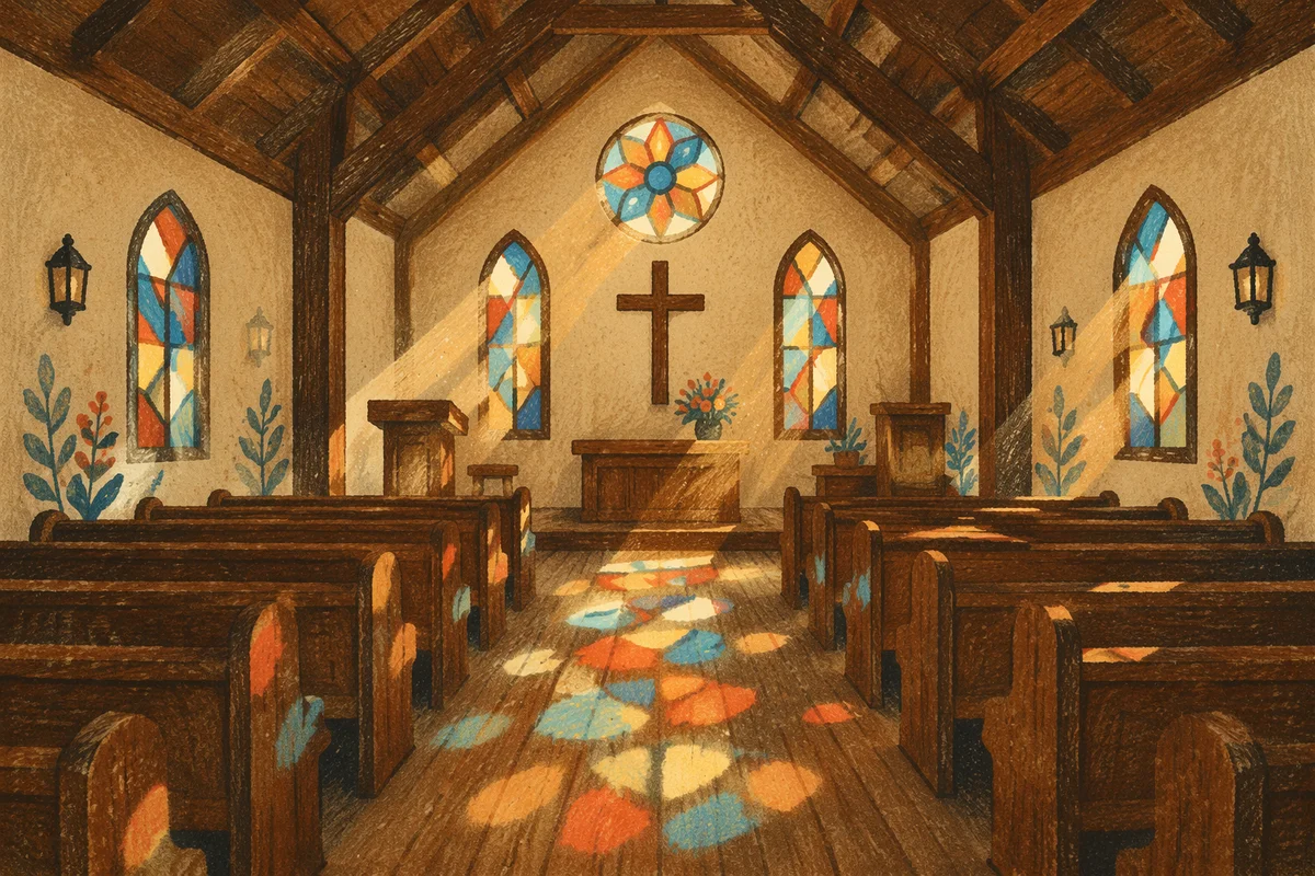 Sunlit Chapel Pews with Stained Glass