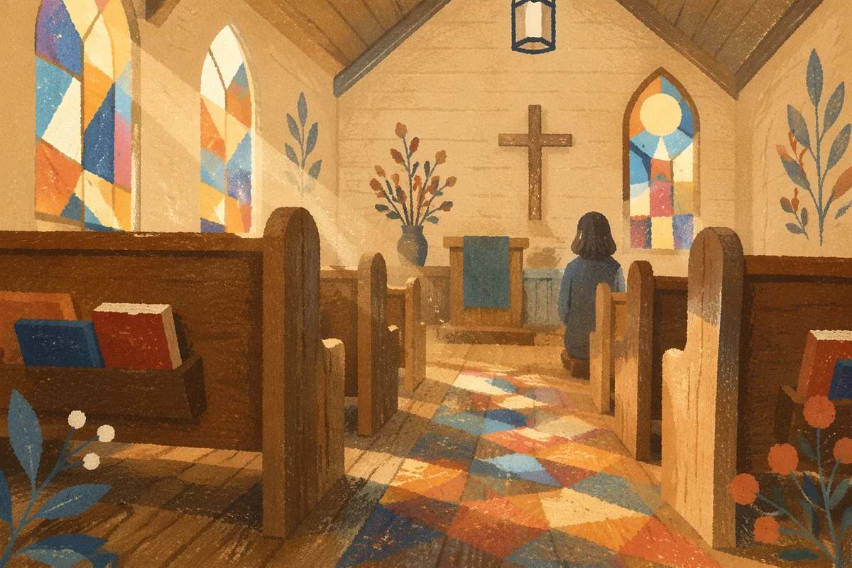 Sunlit Chapel Pews With Stained Glass