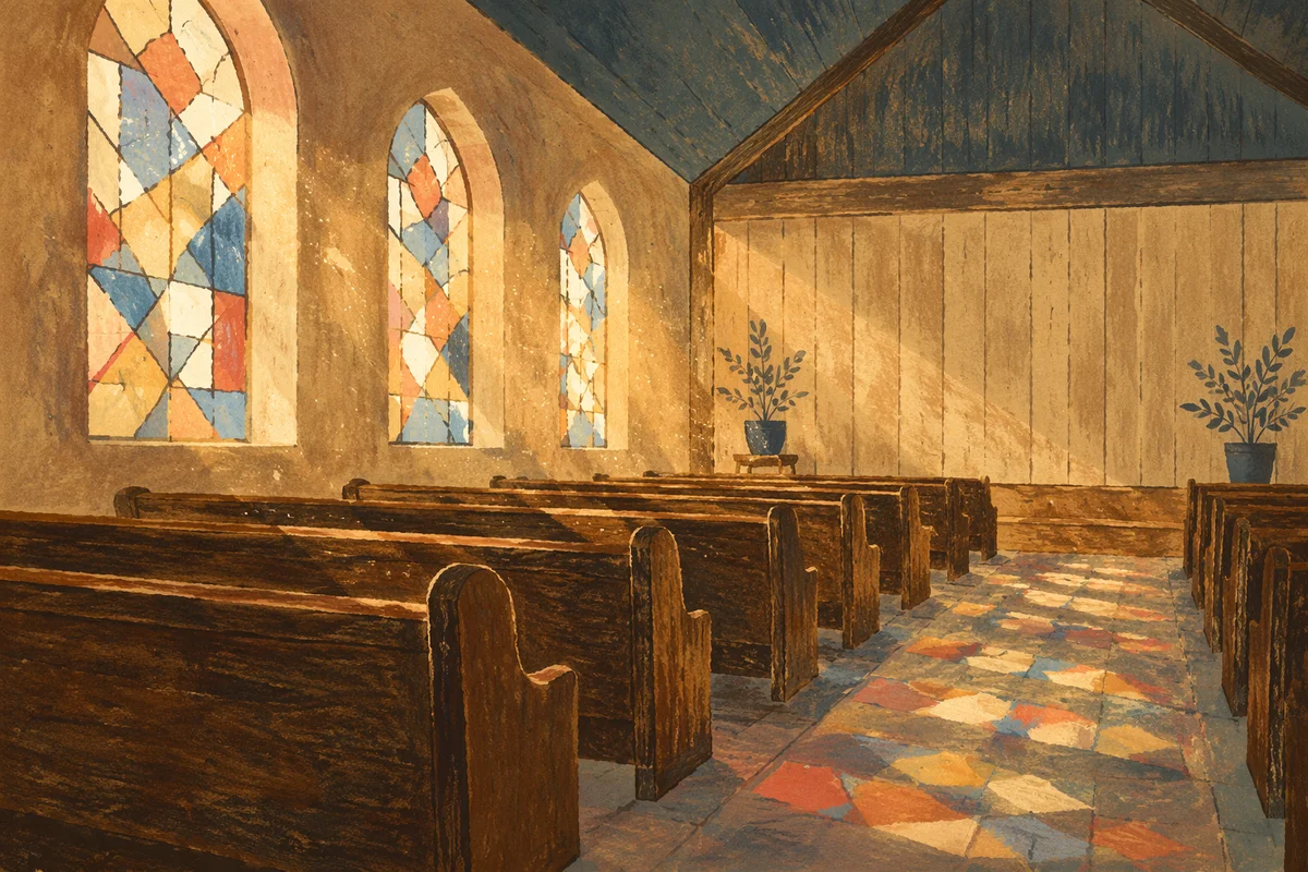 Sunlit Church Pews and Stained Glass Reflections