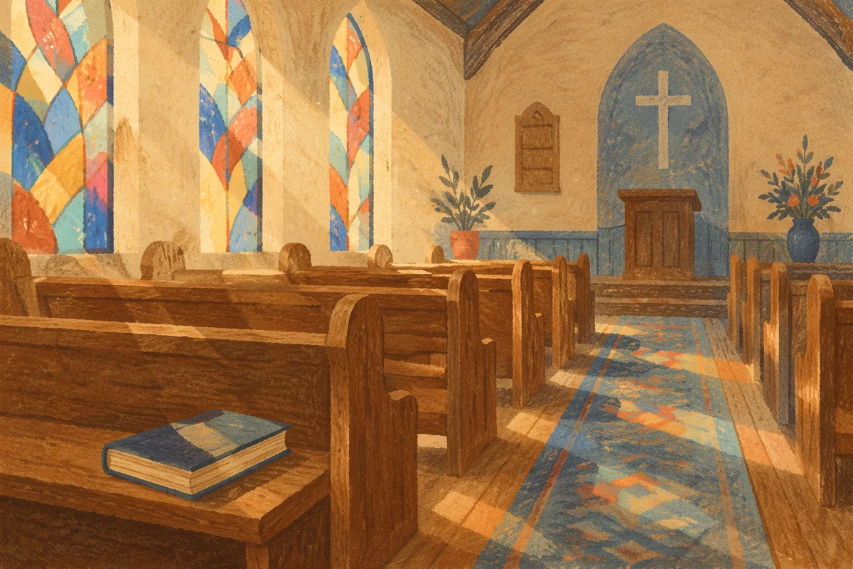 Sunlit Church Pews with Stained Glass
