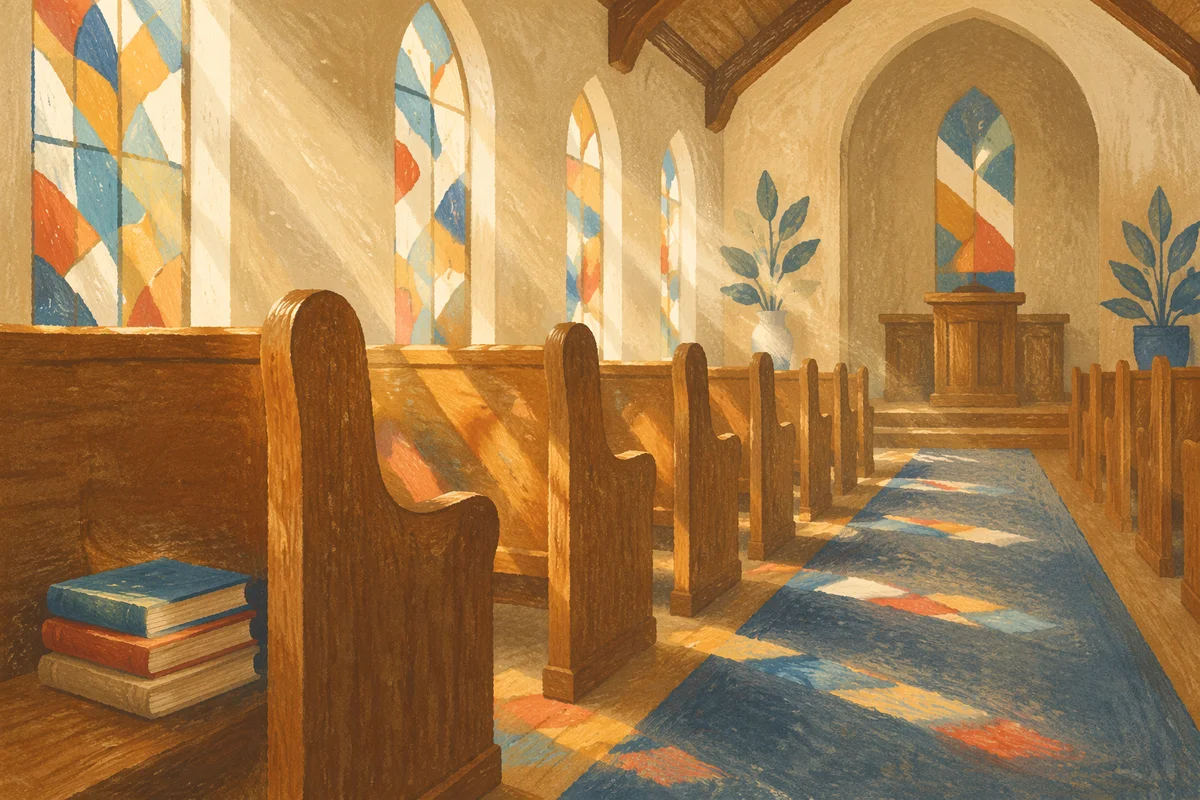 Sunlit Church Pews with Stained Glass