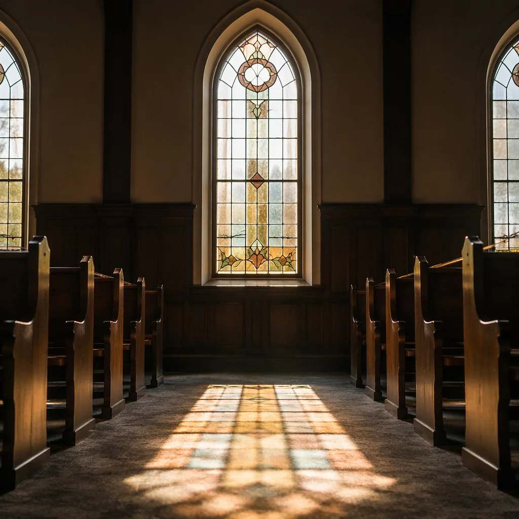 Sunlit Chapel Pews with Stained Glass
